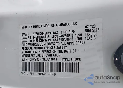 2020 Honda Ridgeline Rtl z USA, uszkodzony, nr VIN 5FPYK3F74LB014841